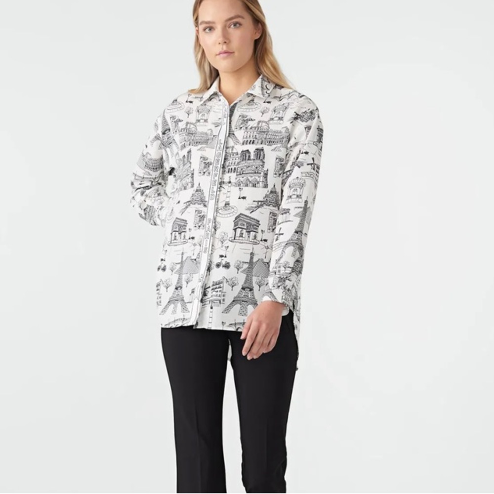 NEW KARL LAGERFELD SILKY CREPE PARIS CONVERSATIONAL BLOUSE MULTIPLE SIZES
